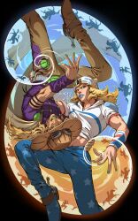  2boys arm_warmers babillustration beanie belt belt_buckle blonde_hair blue_lips blue_nails blue_pants boots brown_boots brown_hat brown_pants buckle cape cowboy_hat goggles goggles_on_headwear golden_spiral green_lips green_nails grill gyro_zeppeli hand_on_another's_waist hat heart hood hood_down hoodie horse horseshoe_hat_ornament horseshoe_ornament johnny_joestar jojo_no_kimyou_na_bouken long_hair looking_at_viewer male_focus multiple_boys nail_polish pants purple_arm_warmers purple_shirt shirt short_sleeves star_(symbol) steel_ball_(jojo) steel_ball_run teeth upside-down white_hoodie 