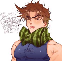  2boys absurdres battle_tendency blue_shirt bow brown_hair caesar_anthonio_zeppeli closed_eyes commentary_request green_scarf highres jojo_no_kimyou_na_bouken joseph_joestar joseph_joestar_(young) male_focus multiple_boys open_mouth rice_55 scarf scarf_bow shirt short_hair simple_background sketch sleeveless striped_clothes striped_scarf upper_body white_background 