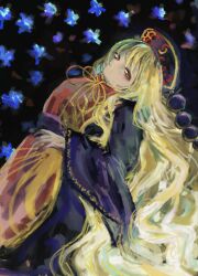  1girl black_hat blonde_hair bow breasts closed_mouth dalachi_(headdress) from_side hat highres junko_(touhou) long_hair looking_at_viewer medium_breasts omaega_chan red_eyes red_tabard solo standing tabard touhou very_long_hair yellow_bow 