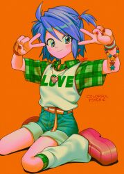  1girl bead_bracelet beads belt blue_eyes blue_hair blush bracelet colorful_psychic commentary_request denim denim_shorts double_v earrings green_shirt hair_between_eyes heart heart_earrings heart_necklace highres jewelry kneehighs looking_at_viewer loose_socks menma_(enaic31) necklace orange_background original pink_shoes plaid_clothes plaid_shirt red_nails shion_(enaic31) shirt shoes short_sleeves shorts signature sitting smile socks star_(symbol) swept_bangs v wariza wristband 