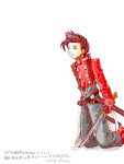   brown_hair closed_eyes lloyd_irving male oekaki short_hair simple_background solo sword tales_of_symphonia translation_request  