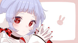  1girl blue_hair blunt_bangs bow closed_mouth commentary_request floral_print gekokujou_hana hair_ornament highres light_blush looking_at_viewer magical_girl mahou_shoujo_ikusei_keikaku mahou_shoujo_ikusei_keikaku_limited oekakitanoshina rabbit_background red_eyes red_nails short_hair 