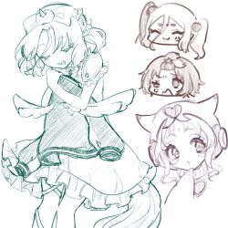  4girls amy_(mahoiku) clio_(mahoiku) closed_eyes commentary_request dress frilled_dress frills hair_ornament heart heart_print highres holding holding_unworn_clothes holding_unworn_jacket hood jacket magical_girl mahou_shoujo_ikusei_keikaku mahou_shoujo_ikusei_keikaku_f2p monako_(mahoiku) multiple_girls open_mouth shiromiso23 short_hair smile stella_lulu unworn_jacket white_background wings 