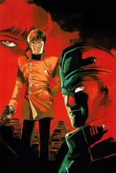  1girl 2boys absurdres facing_viewer gun hat highres holding holding_gun holding_weapon insignia looking_at_viewer military_hat military_rank_insignia military_uniform multiple_boys non-web_source official_art scan science_fiction signature space venus_senki weapon yasuhiko yasuhiko_yoshikazu 