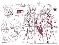  1boy ^_^ absurdres animal_ears antenna_hair arm_guards armor arms_behind_back arrow_(symbol) cape character_name chest_belt chibi chibi_inset choker closed_eyes closed_mouth coat collared_shirt cowboy_shot cracked_skin dog_boy dog_ears dog_tail english_commentary english_text eye_focus fingerless_gloves fingernails four-pointed_star gloves hair_between_eyes happy high_collar highres holding holding_stick honkai:_star_rail honkai_(series) horizontal_pupils irontomb jewelry kemonomimi_mode long_hair_between_eyes long_sleeves looking_at_viewer male_focus multiple_views nail_polish neck_ring notice_lines open_mouth pants pauldrons phainon_(honkai:_star_rail) phainon_(khaslana)_(honkai:_star_rail) red_cape red_eyes saden_meow shirt short_hair shoulder_armor simple_background single_glove single_pauldron smile sparkle spot_color standing star-shaped_pupils star_(symbol) stick symbol-shaped_pupils tail teeth thigh_strap third_eye waist_cape white_background yellow_pupils 