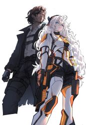  1boy 1girl beard_stubble black_coat black_gloves black_pants black_shorts blue_eyes bodysuit breasts brown_hair coat commentary cropped_legs english_commentary facial_hair gloves gun highres holding holding_gun holding_weapon honkai_(series) honkai_impact_3rd jacket kiana_kaslana kiana_kaslana_(white_comet) long_hair medium_breasts pants red_eyes sam_winchester shirt short_hair short_shorts shorts simple_background stubble supernatural_(tv_series) very_long_hair weapon white_background white_bodysuit white_hair white_jacket white_shirt woomy_123 
