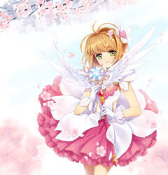  1girl antenna_hair brown_hair cardcaptor_sakura cardcaptor_sakura_clear_card_arc cherry_blossoms closed_mouth commentary dress english_commentary flower frilled_dress frills gloves green_eyes hair_flower hair_ornament holding holding_wand kinomoto_sakura layered_dress looking_at_viewer petals smile solo standing wand white_dress white_gloves yeruen yume_no_tsue 