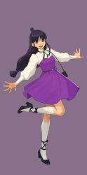  1girl ace_attorney black_hair blue_eyes blunt_bangs commentary dress english_commentary formal_clothes fuse_takuro highres kneehighs long_hair maya_fey nuri_kazuya official_art purple_dress second-party_source smile socks solo teeth upper_teeth_only white_socks 