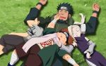  akimichi_choji akimichi_chouji beard black_hair blonde_hair brown_hair closed_eyes detached_sleeves facial_hair headband konohagakure_symbol long_hair lying multiple_boys nara_shikamaru naruto on_back open_mouth sarutobi_asuma sleeping yamanaka_ino 