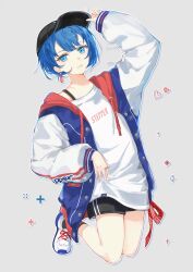  1girl arm_up baseball_cap black_hat black_shorts black_socks blue_eyes blue_hair clothes_writing commentary drawstring earrings full_body grey_background hair_behind_ear hand_on_headwear hat heart highres hood hood_down hooded_jacket jacket jewelry kiritani_haruka kitaete_fly!_muscle_training!_(project_sekai) koppan letterman_jacket long_sleeves looking_at_viewer midair multicolored_jacket official_alternate_costume open_clothes open_jacket outline parted_lips project_sekai ring shirt shoes short_hair short_shorts shorts simple_background single_sidelock sneakers socks solo streetwear twitter_username untranslatable_commentary white_outline white_shirt white_shoes 