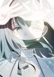  1girl absurdres arknights arms_up black_eyes black_hair bloom bow commentary covered_mouth frilled_sleeves frills highres lens_flare long_hair long_sleeves looking_at_viewer nishimiya_aki portrait priestess_(arknights) shirt solo sunlight turtleneck turtleneck_shirt white_bow white_shirt 
