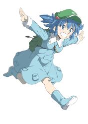  1girl arms_up backpack bag between_breasts blue_eyes blue_hair blue_shirt blue_skirt blush boots breasts collared_shirt commentary_request flat_cap frilled_shirt_collar frills full_body green_bag green_hat grin hair_between_eyes hair_bobbles hair_ornament hat highres inuno_rakugaki kawashiro_nitori key long_sleeves looking_at_viewer medium_breasts open_mouth outstretched_arms pocket rubber_boots running shirt short_hair short_twintails sidelocks simple_background skirt skirt_set smile solo spread_arms teeth touhou twintails two_side_up v-shaped_eyebrows white_background 