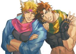  2boys aqua_eyes battle_tendency black_gloves black_shirt blonde_hair blue_jacket brown_hair caesar_anthonio_zeppeli crop_top crossed_arms facial_mark feather_hair_ornament feathered_wings feathers fingerless_gloves gloves green_eyes hair_ornament hand_on_another's_shoulder head_on_another's_shoulder headband highres jacket jojo_no_kimyou_na_bouken joseph_joestar joseph_joestar_(young) looking_at_another looking_at_viewer male_focus midriff multiple_boys navel pink_scarf scarf shirt short_hair simple_background smile striped_clothes striped_scarf teeth toned toned_male ultracat upper_body white_background wings 