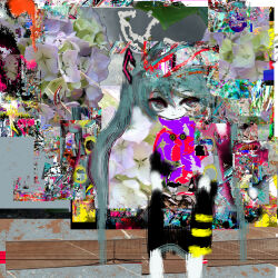  1girl abstract abstract_background absurdres blue_hair closed_mouth commentary_request flower hatsune_miku highres hilty light_smile long_hair looking_at_viewer mixed_media photo_inset solo twintails vocaloid 