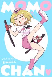  1girl black_necktie blonde_hair blush_stickers boots breasts closed_eyes commentary_request dated dual_wielding full_body hat highres holding holding_weapon kaitou_joker medium_breasts medium_hair mini_hat miniskirt mochi-iri_kinchaku necktie open_mouth pink_boots pink_hat pink_skirt shiroi_momo skirt solo tonfa twitter_username weapon 