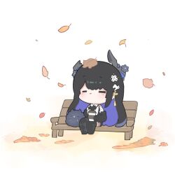  1girl asymmetrical_horns autumn autumn_leaves black_hair black_horns blue_hair breasts chibi chibi_only closed_mouth clothing_cutout coffee collared_halterneck colored_inner_hair commentary cup demon_horns disposable_coffee_cup disposable_cup feather-trimmed_jacket flower gloves hair_ornament highres holding holding_cup hololive hololive_english horn_flower horns jailbird_(nerissa_ravencroft) large_breasts leaf long_hair looking_at_viewer maple_leaf mole mole_under_eye multicolored_hair nerissa_ravencroft nerissa_ravencroft_(1st_costume) outdoors ribbed_shirt shirt shoulder_cutout simple_background sitting smile snowmya tassel tassel_hair_ornament two-tone_hair uneven_horns untranslatable_commentary very_long_hair virtual_youtuber white_background 