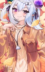  1girl absurdres aquwa autumn_leaves black_eyes blue_hair blush bracelet brown_jacket hair_between_eyes hair_ornament heterochromia highres indie_virtual_youtuber jacket jewelry leaf long_sleeves looking_at_viewer maisatraisat multicolored_hair necklace pointy_ears ring solo sphere_hair_ornament sweater twintails two-tone_hair violet_eyes virtual_youtuber white_hair 