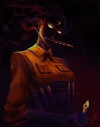  1girl absurdres black_background black_gloves black_hair black_neckerchief breast_pocket collared_shirt commentary dagger deadlock_(game) faceless faceless_female facial_mark gloves gradient_background haze_(deadlock) highres holding holding_dagger holding_knife holding_weapon knife krey0_o looking_at_viewer neckerchief orange_shirt pocket red_background shirt simple_background solid_eyes solo three-quarter_sleeves under-elbow_gloves upper_body weapon weapon_in_mouth x_(symbol) x_facial_mark yellow_eyes 