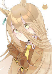  1girl absurdres adjusting_clothes adjusting_gloves ahoge animal_ears black_choker black_gloves black_hair blonde_hair blush brown_coat choker closed_mouth coat collared_shirt ear_tag earrings gloves hair_between_eyes highres horse_ears horse_girl jewelry long_hair long_hair_between_eyes long_sleeves manhattan_cafe_(creeping_shadow)_(umamusume) manhattan_cafe_(umamusume) multicolored_hair necktie shirt single_earring solo tsuki_no_minato umamusume upper_body white_hair yellow_eyes yellow_necktie 