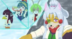  4girls animal_ears beak black_eyes brown_hair closed_eyes commentary_request falco_lombardi fox_girl fox_mccloud furry furry_female fusion grey_hair hair_bobbles hair_ornament headgear high_ponytail holographic_monitor long_hair long_tongue multiple_girls one_eye_closed open_mouth peppy_hare ponytail rabbit_ears red_scarf rikubuchi_oe scarf scouter shirt short_hair siblings sisters slippy_toad smile star_fox star_fox_(2026) tongue touhoku_itako touhoku_kiritan touhoku_zunko upper_body utau voiceroid voicevox white_shirt zunda_mochi zundamon 
