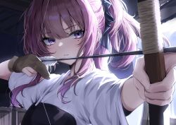  1girl absurdres arrow_(projectile) bow_(weapon) cevio commentary drawing_bow gloves highres holding holding_bow_(weapon) holding_weapon japanese_clothes kimono long_hair looking_at_viewer mole mole_under_eye muneate natsuki_karin parted_lips partially_fingerless_gloves ponytail purple_hair solo synthesizer_v tsumura_doi violet_eyes weapon white_kimono yugake 