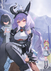  3girls absurdres arknights arknights:_endfield black_gloves black_horns book curved_horns detached_sleeves framed_breasts gloves highres holding holding_book horns krux_(k_krux) long_hair multicolored_thighhighs multiple_girls open_book pink_eyes purple_hair ringlets thigh-highs two-tone_thighhighs typhoeus_(arknights) typhon_(arknights) 