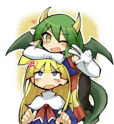  2girls :o anger_vein arm_on_another's_head blonde_hair blue_dress blue_hat blunt_bangs blush border brown_eyes capelet chinese_clothes commentary_request double-parted_bangs draco_centauros dragon_girl dragon_horns dragon_tail dragon_wings dress elbow_gloves fang gloves green_hair hair_between_eyes hat heart highres horns kurokogeee long_hair long_sleeves looking_at_viewer looking_up multiple_girls neckerchief one_eye_closed open_mouth outline pointy_ears puyopuyo qipao red_dress red_neckerchief short_hair simple_background smile sweatdrop tail upper_body v-shaped_eyebrows vignetting w white_border white_capelet white_gloves white_outline white_trim wings witch_(puyopuyo) yellow_background 