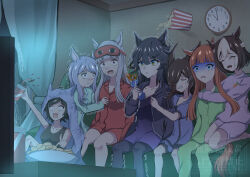  6+girls absurdres animal_ears black_hair black_jacket black_pantyhose black_tank_top blunt_bangs braid breasts brown_hair chips_(food) clock crying cup dress flipped_hair food gold_ship_(umamusume) green_pajamas green_shirt green_shorts grey_hair hair_between_eyes hair_over_one_eye half_up_braid highres holding holding_cup horse_ears horse_girl horse_tail jacket large_breasts long_hair mask mask_on_head medium_breasts mejiro_mcqueen_(umamusume) multiple_girls narita_brian_(umamusume) open_clothes open_jacket orange_hair orange_tail pajamas pantyhose popcorn popcorn_bucket purple_dress purple_hair purple_pajamas purple_shirt purple_shorts red_pajamas red_shirt red_shorts rice_shower_(umamusume) scared shirt shorts silence_suzuka_(umamusume) sitting sleep_mask small_breasts soda special_week_(umamusume) streaming_tears tail tank_top tatsuki_020104 team_sirius tears television trembling umamusume violet_eyes wall_clock watching_television winning_ticket_(umamusume) yellow_eyes 