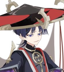  1boy black_bodysuit black_hair black_hat black_kimono black_sleeves blunt_ends bodysuit commentary_request eyeliner furrowed_brow genshin_impact gold gold_trim grey_veil hat japanese_clothes jewelry jingasa juban kimono layered_sleeves looking_at_viewer makeup male_focus mandarin_collar mitsudomoe_(shape) neck_ring open_clothes open_kimono parted_bangs parted_lips portrait purple_sleeves red_eyeliner red_hat red_kimono retujyo4go scaramouche_(genshin_impact) scaramouche_(harbinger)_(genshin_impact) short_sleeves single_sode smug solo tomoe_(symbol) tsurime two-tone_hat veil violet_eyes white_background white_kimono wispy_bangs wolf_cut 
