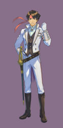  1boy ace_attorney armband boots brown_boots brown_eyes brown_hair fuse_takuro headband highres kazuma_asogi male_focus nuri_kazuya official_art pants red_headband second-party_source short_hair solo suit sword the_great_ace_attorney weapon white_pants white_suit 