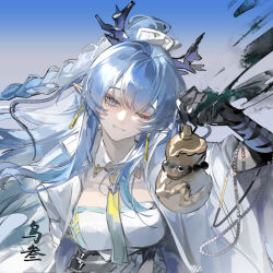  1girl absurdres arknights blue_background blue_eyes blue_hair braid breasts dragon_girl dragon_horns earrings gourd gradient_background hand_up highres holding holding_gourd horns jewelry ling_(arknights) long_hair looking_at_viewer medium_breasts necktie niao_san_partridge one_eye_closed pointy_ears shirt smile solo upper_body white_shirt yellow_necktie 