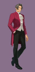  1boy ace_attorney ace_attorney_investigations ascot black_pants brown_eyes brown_hair commentary english_commentary formal_clothes fuse_takuro highres jacket male_focus miles_edgeworth nuri_kazuya official_art pants red_jacket second-party_source solo white_ascot 