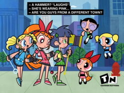  6+girls :o ^_^ akazutsumi_momoko black_gloves black_hair blonde_hair blossom_(ppg) blue_dress blue_eyes bow bright_pupils bubble_wand bubbles_(ppg) buttercup_(ppg) cartoonized city closed_eyes craig_mccracken_(style) dress dual_persona earrings english_text fake_screenshot faux_retro_artstyle fingerless_gloves fire_hydrant floating frown gloves goutokuji_miyako green_dress green_eyes hair_bow hammer holding holding_hammer hyper_blossom jacket jewelry light_blush logo logo_parody long_hair matsubara_kaoru multiple_girls open_mouth orange_hair outdoors pink_dress pink_eyes pink_jacket ponytail powered_buttercup powerpuff_girls powerpuff_girls_z red_bow rolling_bubbles short_dress short_twintails sleeveless sleeveless_jacket smile stud_earrings subtitled sweatdrop tehnutball toon_(style) twintails white_pupils yo-yo 