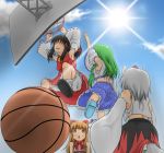  armpits basketball black_hair blonde_hair bloomers detached_sleeves dunk green_hair hair_ribbon hakurei_reimu haty ibuki_suika inubashiri_momiji kochiya_sanae lens_flare ribbon tail touhou upskirt white_hair wolf_ears wolf_tail 