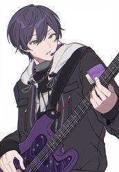  1boy absurdres black_jacket black_shirt chain chain_necklace electric_guitar green_eyes guitar headset highres holding holding_guitar holding_instrument hood hood_down hooded_jacket instrument jacket jewelry kenmochi_touya kenmochi_touya_(koku_kyouen) male_focus necklace nijisanji open_clothes open_jacket print_shirt purple_hair shirt short_hair simple_background solo sweat virtual_youtuber white_background yureru_300 