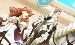  1boy 1girl black_gloves bow cavalier celica_(fire_emblem) conrad_(fire_emblem) fingerless_gloves fire_emblem fire_emblem_echoes:_shadows_of_valentia game_asset gloves hidari_(left_side) holding holding_polearm holding_weapon horseback_riding long_hair looking_at_another mask official_art open_mouth polearm red_bow riding short_hair siblings weapon white_mask 