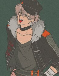  1boy bandaged_arm bandages belt belt_buckle black_choker black_hat black_jacket buckle choker ensemble_stars! film_grain fur-trimmed_hood fur_trim grey_background grey_hair hair_behind_ear hands_on_own_hips hat heavy_film_grain hood jacket male_focus ogami_koga open_clothes open_jacket pikurusu red_eyes short_hair simple_background solo studded_choker studs teeth tongue upper_teeth_only very_short_hair white_fur zipper 