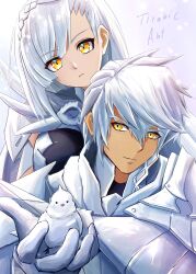  1boy 1girl anttitanic armor bird bird_on_hand closed_mouth commentary_request eshmel_(pale_raven)_(fire_emblem) female_eshmel_(fire_emblem) fire_emblem fire_emblem:_fortune's_weave gloves hairband highres hime_cut male_eshmel_(fire_emblem) medium_hair shoulder_armor simple_background white_armor white_gloves white_hair white_hairband yellow_eyes 