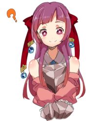  1girl ? arianna_caledonia bare_shoulders bright_pupils chest_guard closed_mouth commentary_request hair_ribbon haruyasai_(sanbunno) long_hair pink_sleeves puffy_sleeves purple_hair red_ribbon ribbon sekaiju_no_meikyuu shin_sekaiju_no_meikyuu_2 smile solo split_mouth straight-on swept_bangs upper_body violet_eyes 
