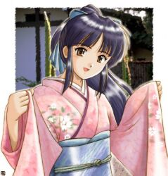  1990s_(style) 1girl bad_id blue_bow blue_sash border bow brown_eyes commentary_request floral_print floral_print_kimono hair_bow hana_(hana_mo_arashi_mo) japanese_clothes kimono long_hair long_sleeves looking_at_viewer obi open_mouth outside_border photo_background pink_kimono print_kimono purple_hair retro_artstyle sakura_taisen sakura_taisen_iii sash shinguuji_sakura smile solo upper_body white_border wide_sleeves 