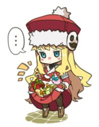  ... 1girl black_pantyhose blonde_hair blue_eyes blush_stickers brown_gloves candy candy_cane character_hat chibi chibi_only closed_mouth coat commentary_request food full_body fur-trimmed_coat fur-trimmed_headwear fur_trim gift gloves gunner_(sekaiju) gunner_2_(sekaiju) haruyasai_(sanbunno) jack_frost_(megami_tensei) long_hair pantyhose pom_pom_(clothes) red_coat sekaiju_no_meikyuu sekaiju_no_meikyuu_2 solo spoken_ellipsis standing 