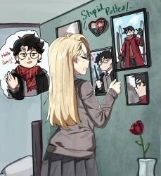  1girl absurdres akihitoevon black_hair black_robe blonde_hair blush broom broom_riding cardigan closed_eyes commentary english_commentary english_text flower from_side genderswap genderswap_(mtf) glasses green_eyes grey_cardigan gryffindor harry_potter harry_potter_(series) highres hogwarts_school_uniform holding holding_wand indoors long_hair long_sleeves malfoid open_clothes open_robe photo_(object) pleated_skirt profile red_flower red_rose red_scarf robe rose round_eyewear scar scar_on_face scar_on_forehead scarf school_uniform short_hair skirt solo thinking tsundere twitter_username wand wizarding_world 
