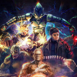  6+boys armor artist_name black_undershirt bomb brown_coat check_commentary closed_mouth coat commentary_request cropped dark-skinned_male dark_skin doctor_octopus electro_(spider-man) explosive glasses green_armor green_goblin highres holding holding_bomb lightning lizard_(marvel) lizard_tail marvel masashi_toy mechanical_arms multiple_boys open_mouth out_of_frame round_eyewear sand sandman_(marvel) science_fiction sharp_teeth spider-man spider-man:_no_way_home spider-man_(series) spider-man_1_(2002) spider-man_2_(2004) spider-man_3 tail teeth the_amazing_spider-man the_amazing_spider-man_2 trench_coat 