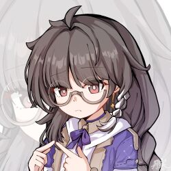  1girl aged_down ahoge braid bright_pupils brown_hair child chinese_commentary commentary_request glasses highres honkai_(series) honkai_impact_3rd index_fingers_together leylah_(honkai_impact) long_hair multicolored_hair neck_ribbon partial_commentary portrait purple_ribbon red_eyes ribbon round_eyewear semi-rimless_eyewear white_hair white_pupils yuehan zoom_layer 