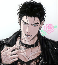  1boy alternate_costume aqua_eyes black_choker black_hair black_jacket black_shirt chain chain_necklace choker cigarette collarbone ear_piercing earrings fang flower guguguguguge highres jacket jewelry jojo_no_kimyou_na_bouken kujo_jotaro leather leather_jacket looking_at_viewer male_focus multiple_earrings multiple_necklaces multiple_rings necklace necklace_pull neon_lights open_mouth piercing portrait ring rose shirt short_hair silver_ring simple_background solo spiked_choker spikes stardust_crusaders teeth torn_clothes unlit_cigarette_in_mouth veins white_background 