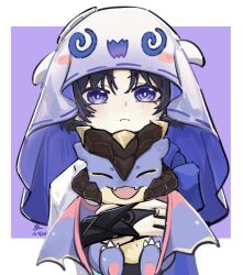  1boy :t @_@ alternate_headwear animal armor black_bridal_gauntlets black_hair blue_cape blue_pupils blunt_ends blush blush_stickers border bridal_gauntlets cape closed_mouth dated dragon durin_(genshin_impact) eyeliner genshin_impact gold_ring highres holding holding_animal japanese_armor japanese_clothes kimono kote kurokote looking_at_viewer makeup male_focus middle_ring mini_durin_(genshin_impact) parted_bangs purple_background purple_veil red_eyeliner ribbon-trimmed_veil sang_yuchen scaramouche_(genshin_impact) side_cape signature small_dragon straight-on tareme two-sided_fabric two-sided_veil veil violet_eyes wanderer_(genshin_impact) white_border white_kimono white_veil wispy_bangs 