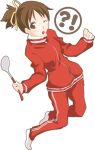  akaho_sakura bad_id beniho_sakura brown_hair hirasawa_ui k-on! ladle ponytail red_eyes short_hair socks solo track_suit wink 