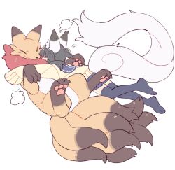  1girl animal animal_ear_fluff animal_ears black_thighhighs blue_skirt closed_eyes closed_mouth fox fox_ears fox_girl fox_tail full_body hug miniskirt multiple_tails no_shoes original pleated_skirt school_uniform serafuku simple_background skirt sleeves_past_fingers sleeves_past_wrists smile suzuno_(suzuno3110) tail thigh-highs white_background zettai_ryouiki 