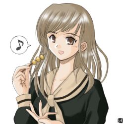  1girl 2000s_(style) bad_id black_shirt brown_eyes brown_hair brown_sailor_collar commentary_request dango food hana_(hana_mo_arashi_mo) long_hair looking_at_viewer maria-sama_ga_miteru musical_note open_mouth sailor_collar shirt simple_background smile solo spoken_musical_note toudou_shimako upper_body wagashi white_background 