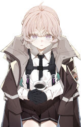  1girl ahoge black_gloves black_necktie black_skirt blunt_bangs brown_jacket chest_strap cheyanne_(girls'_frontline_2) collared_shirt commentary_request cowboy_shot cup e_sky_rugo from_above girls'_frontline_2:_exilium girls_frontline gloves grey_hair highres hot_drink jacket jacket_on_shoulders long_sleeves looking_at_viewer m200_(girls'_frontline) mug necktie open_mouth pink_eyes pleated_skirt shirt sidelocks simple_background skirt solo white_background white_shirt 